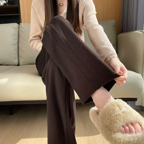雪尼尔阔腿裤女秋冬新款高腰小个子软糯条绒咖啡色窄版加厚直筒裤商品大图