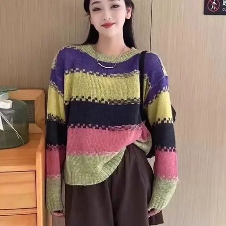 韩版休闲慵懒风撞色彩虹条纹针织套头打底衫毛衣女装2023秋冬新款商品大图