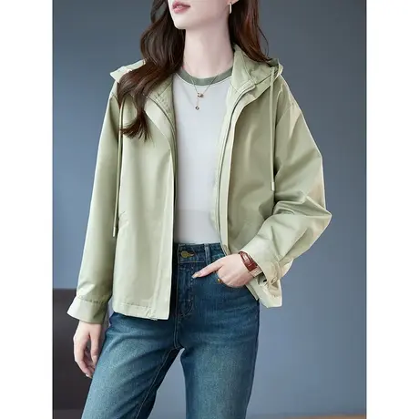 宝诗黎连帽宽松短外套2023秋季新款纯色拉链短款上衣棉质休闲女装商品大图