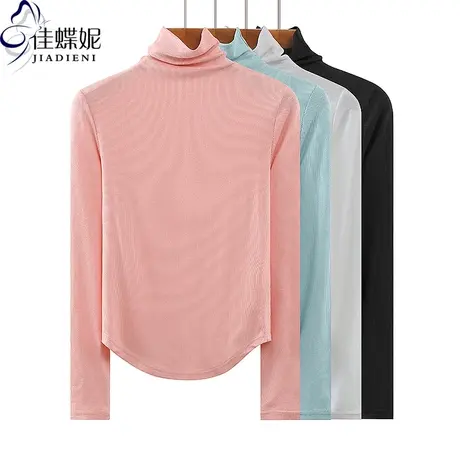 秋冬新款高领保暖修身纯欲圆弧纯棉螺纹纯色长袖体恤上衣女打底衫商品大图