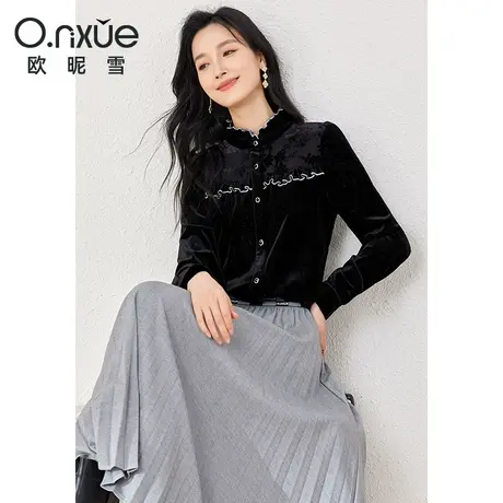 欧昵雪2023冬季新款时尚木耳边立领丝绒衬衫女长袖小个子黑色衬衣商品大图