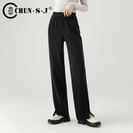 加绒阔腿裤女2023新款秋冬高腰莫代尔休闲裤子直筒窄版黑色运动裤商品大图