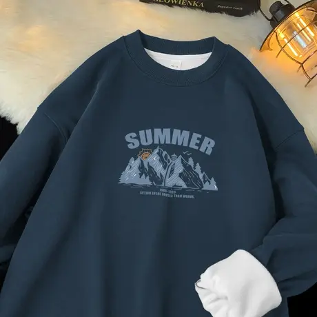 450g美式重磅卫衣男秋冬款加绒加厚圆领无帽上衣服摇粒绒长袖t恤图片