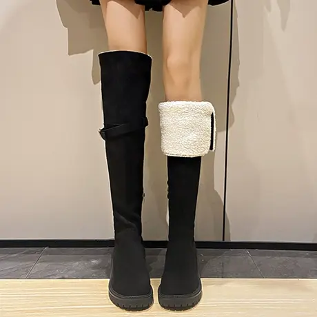 时尚爆款羊羔毛加绒过膝长靴女显瘦粗跟高筒皮毛一体雪地靴棉鞋潮商品大图