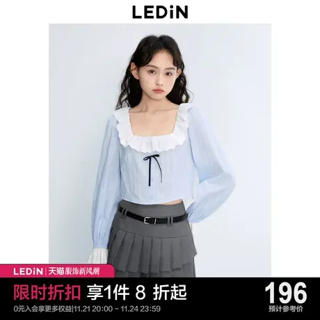 乐町方领荷叶边小上衣蝴蝶结点缀衬衫2023秋新品袖口蕾丝边衬衣图片