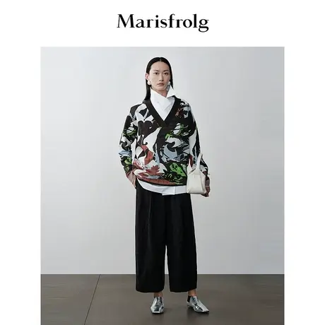 【商场同款】玛丝菲尔冬季新款艺术感撞色花稿长袖针织衫商品大图