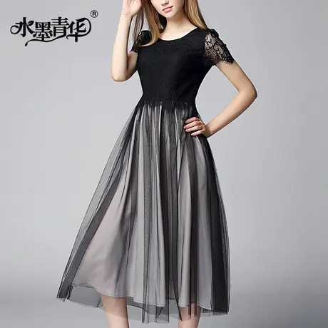 【1件7.9折】夏装新品时尚蕾丝拼接网纱裙修身中长款大摆连衣裙图片