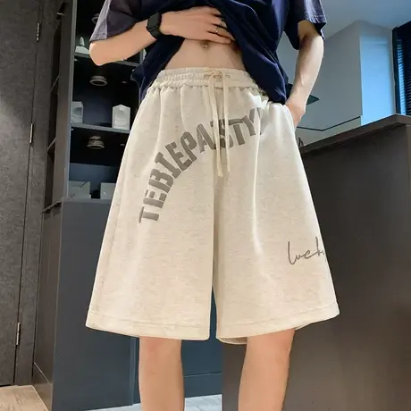 短裤男夏季薄款发泡印花运动五分裤子潮流透气宽松直筒男生休闲裤商品大图