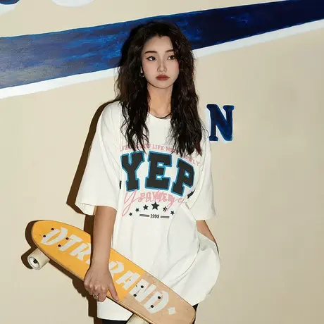 YEP美式短袖T恤女2025年新款ins港味复古chic夏季纯棉半袖打底衫商品大图