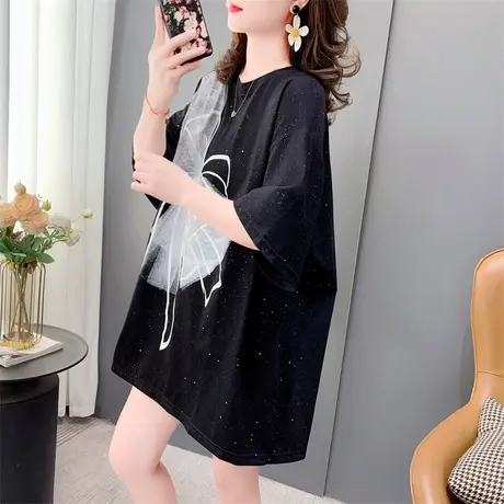 2023年新款夏季蝴蝶结短袖T恤女网红设计感小众上衣大码韩版ins潮商品大图