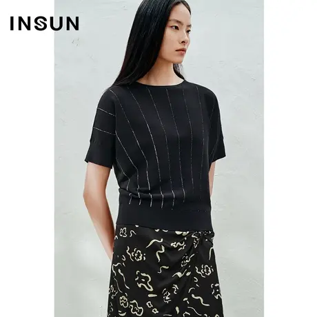 INSUN恩裳线上专选夏季连肩袖提葱一字领针织衫商品大图