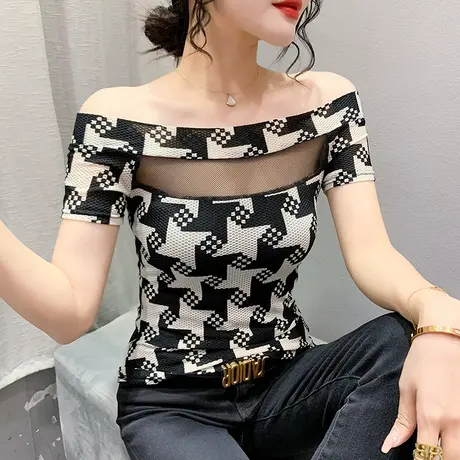 性感一字领短袖女装欧货露肩网纱T恤时尚镂空上衣紧身气质小衫夏图片