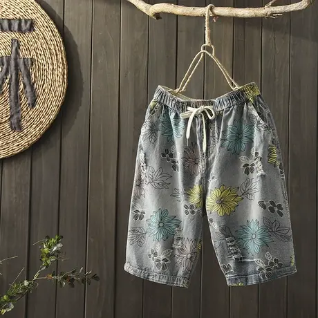 枫谜夏装新款 文艺复古 花色牛仔破洞中裤女宽松休闲牛仔五分裤商品大图