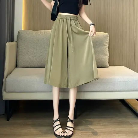 冰丝缎面五分阔腿裤女夏季薄款梨型身材宽松垂感高腰七分休闲裙裤商品大图