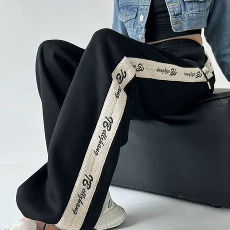 黑色运动裤女春秋款2024新款束脚直筒裤子宽松休闲长裤阔腿卫裤潮图片