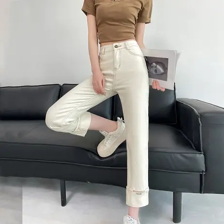 翻边直筒牛仔裤女春秋2024年新款高腰宽松显瘦九分小个子烟管裤潮商品大图