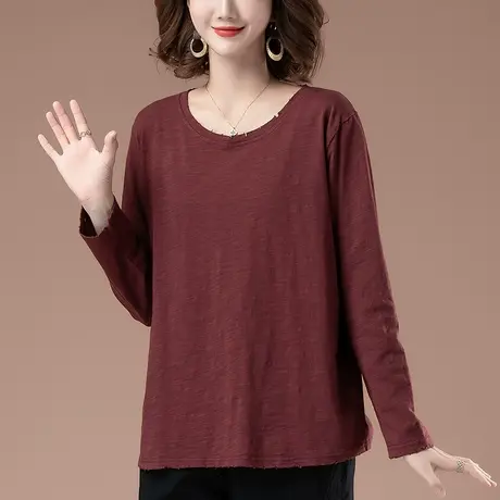 全棉长袖t恤女春季加肥加大码女装宽松百搭休闲圆领显瘦打底衫女商品大图