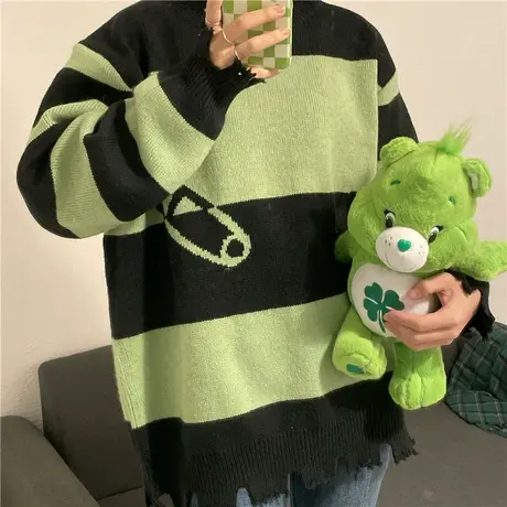 红续撞色条纹做旧毛衣女小众设计感针织衫宽松潮酷ins风套头长袖图片