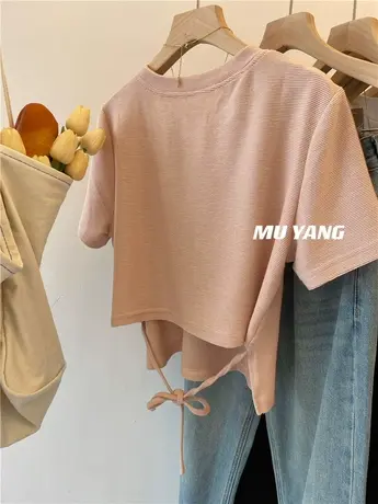 背后小心机 温柔色系 露腰短款系带短袖T恤女2023夏季百搭tee上衣图片