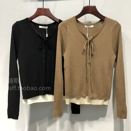 2023秋装 韩国ulzzang新款领口绑带修身短款假两件针织衫上衣女商品大图