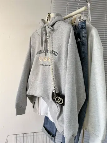 汉堡字母刺绣秋冬加绒加厚宽松帽衫上衣简约百搭女款韩国连帽卫衣图片