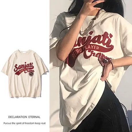 国潮t恤女纯棉短袖设计感小众嘻哈潮ins酷oversize大码炸街上衣夏商品大图