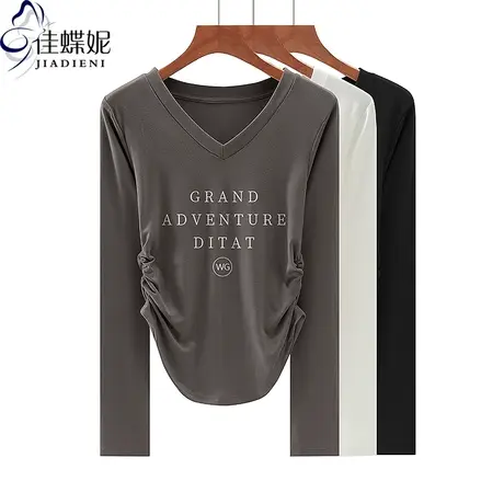 秋冬新款V领修身褶皱圆弧纯欲纯棉撞色印花长袖体恤上衣女打底衫商品大图