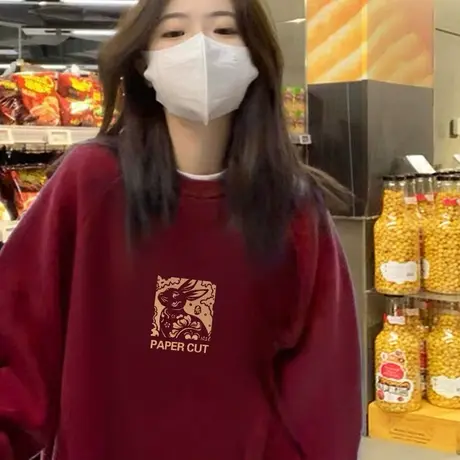 oversize兔年红色卫衣女大码冬款加绒2023本命年宽松国潮外套ins图片