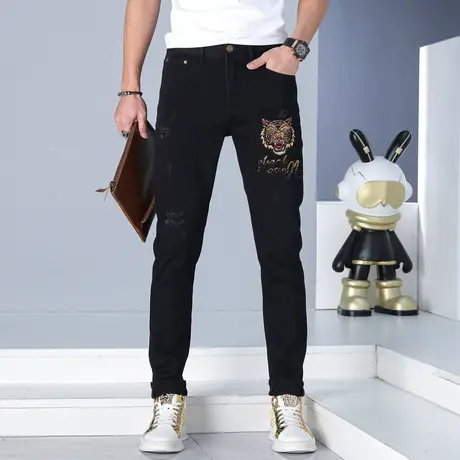 夏季破洞牛仔裤宽松直筒直筒裤休闲水洗做旧高街裤子男潮流牛仔裤商品大图