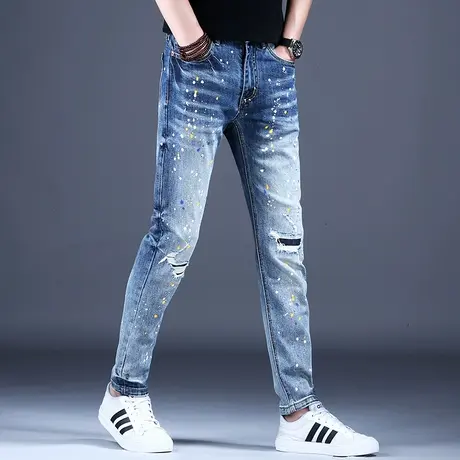 男士破洞牛仔裤男款秋冬薄款裤子修身小脚2023年网红爆款美式高街商品大图
