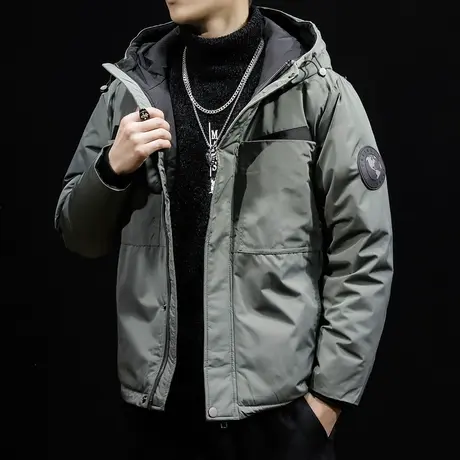 白鸭绒冬季连帽短款羽绒服男2023年新款宽松潮牌大码加厚工装外套商品大图