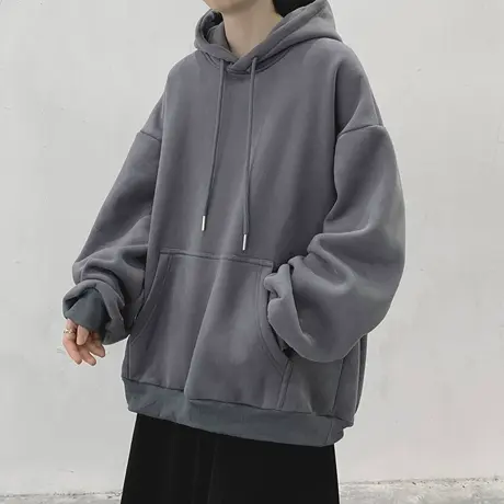 连帽卫衣男2023新款春秋季纯色帽衫男生上衣美式高街宽松痞帅外套商品大图