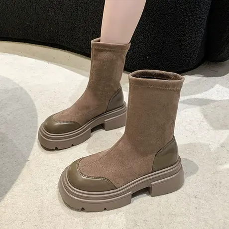厚底短筒靴女2023年夏季新款时尚百搭复古显瘦粗跟炸街瘦瘦靴潮图片