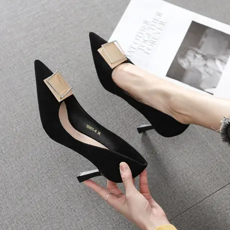 2024春季新款黑色尖头绒面浅口单鞋女细跟性感百搭网红方扣宴会鞋商品大图