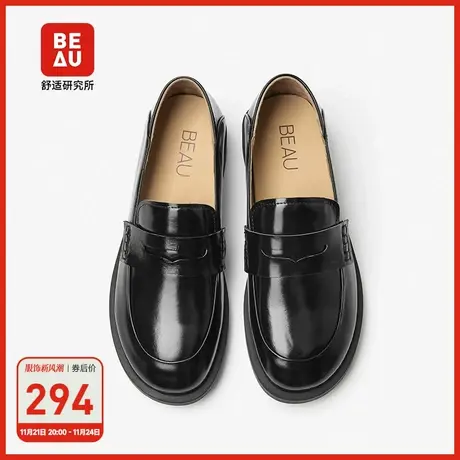 BEAU乐福鞋女软底春秋新款真皮粗跟单鞋平底黑色小皮鞋复古英伦风商品大图