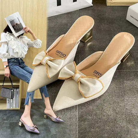 2024年春夏季新款尖头粗跟穆勒包头半拖鞋女外穿高跟鞋网红凉拖鞋商品大图