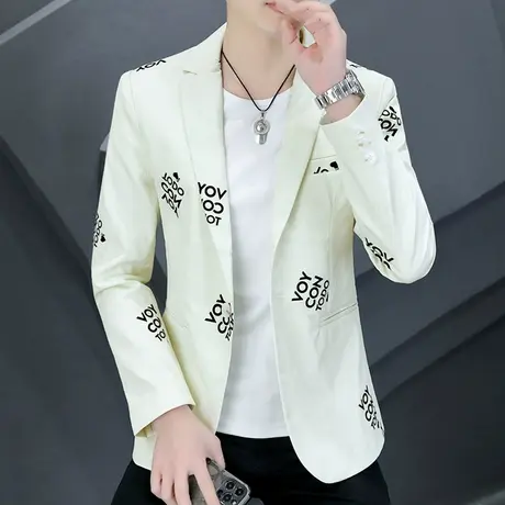 时尚字母刺绣西装外套男韩版潮流春秋款格子纹气质简约百搭小西服商品大图