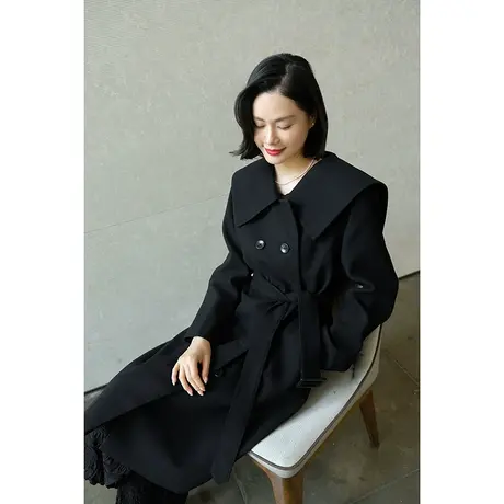 23冬新款大衣复古减龄百搭海军领%69高支羊毛毛呢女士大衣外套女商品大图