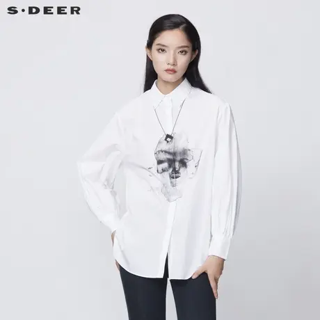 sdeer圣迪奥女装春秋装简约翻领抽象印花白色长袖衬衫S21380524图片