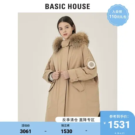 Basic House/百家好2021冬新款工装风羽绒服连帽毛领外套HVDJ728I商品大图