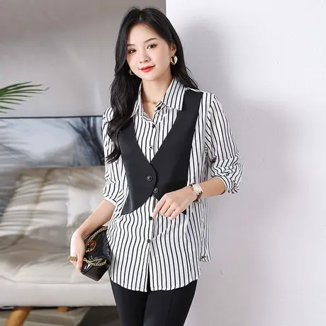 2023新款女装时尚大码胖mm遮肉显瘦气质假两件条纹衬衫长袖上衣女图片