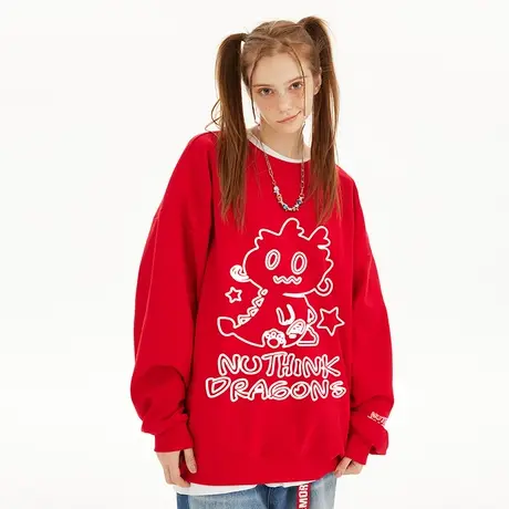 Nuthink龙年本命年加绒加厚红色圆领卫衣男潮流宽松大码保暖上衣商品大图