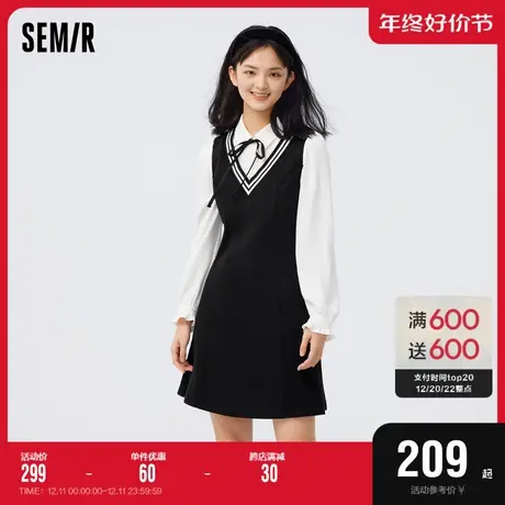 [商场同款]森马连衣裙女假两件修身2023秋季新款撞色小黑裙学院风图片