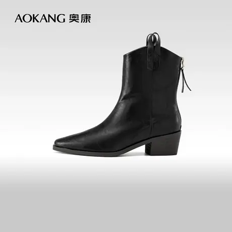 奥康女鞋 2023冬季新款尖头复古短靴简约大气短筒骑士靴牛仔靴图片