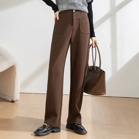 咖色毛呢直筒裤女秋冬美拉德棕羊毛女裤加厚裤子冬季弯刀裤阔腿裤商品大图