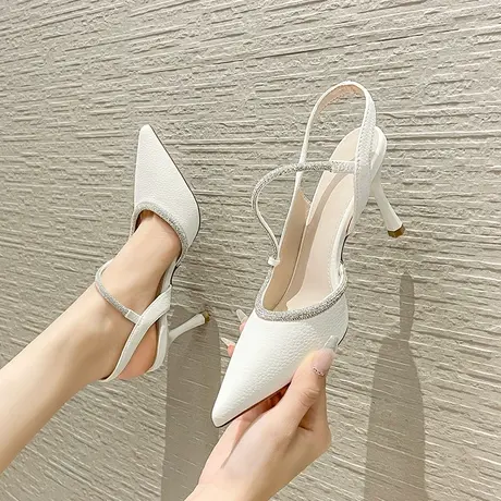 包头高跟鞋女2024年新款春秋季细跟水钻后空尖头配裙子仙女风单鞋图片