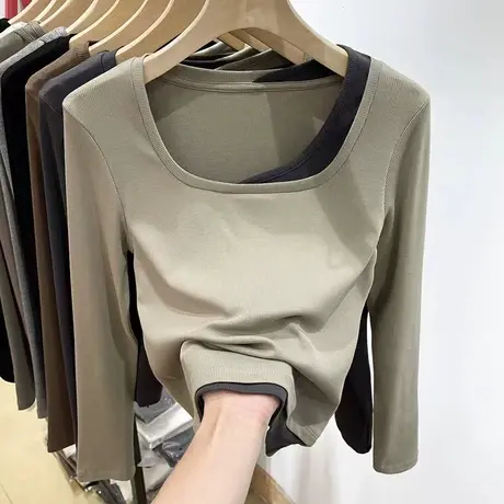 长袖T恤打底衫女2024新款小个子撞色假两件修身洋气内搭方领上衣商品大图