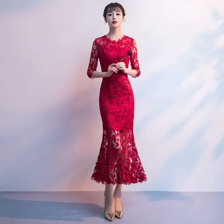 鱼尾敬酒服新娘2023新款夏季平时可穿酒红色结婚订婚回门礼服长袖图片