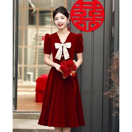 敬酒服新娘高级感法式红色v领订婚小礼服女夏季连衣裙小个子大气商品大图