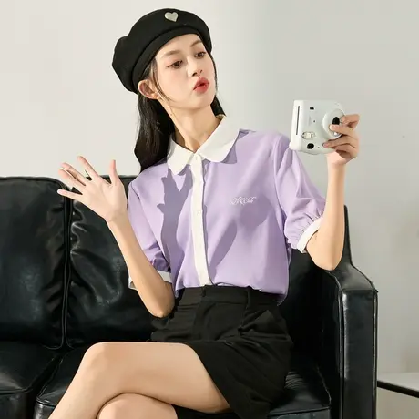 唐狮短袖衬衫夏季女拼接撞色设计感甜美小衫简约上衣polo领紫色图片